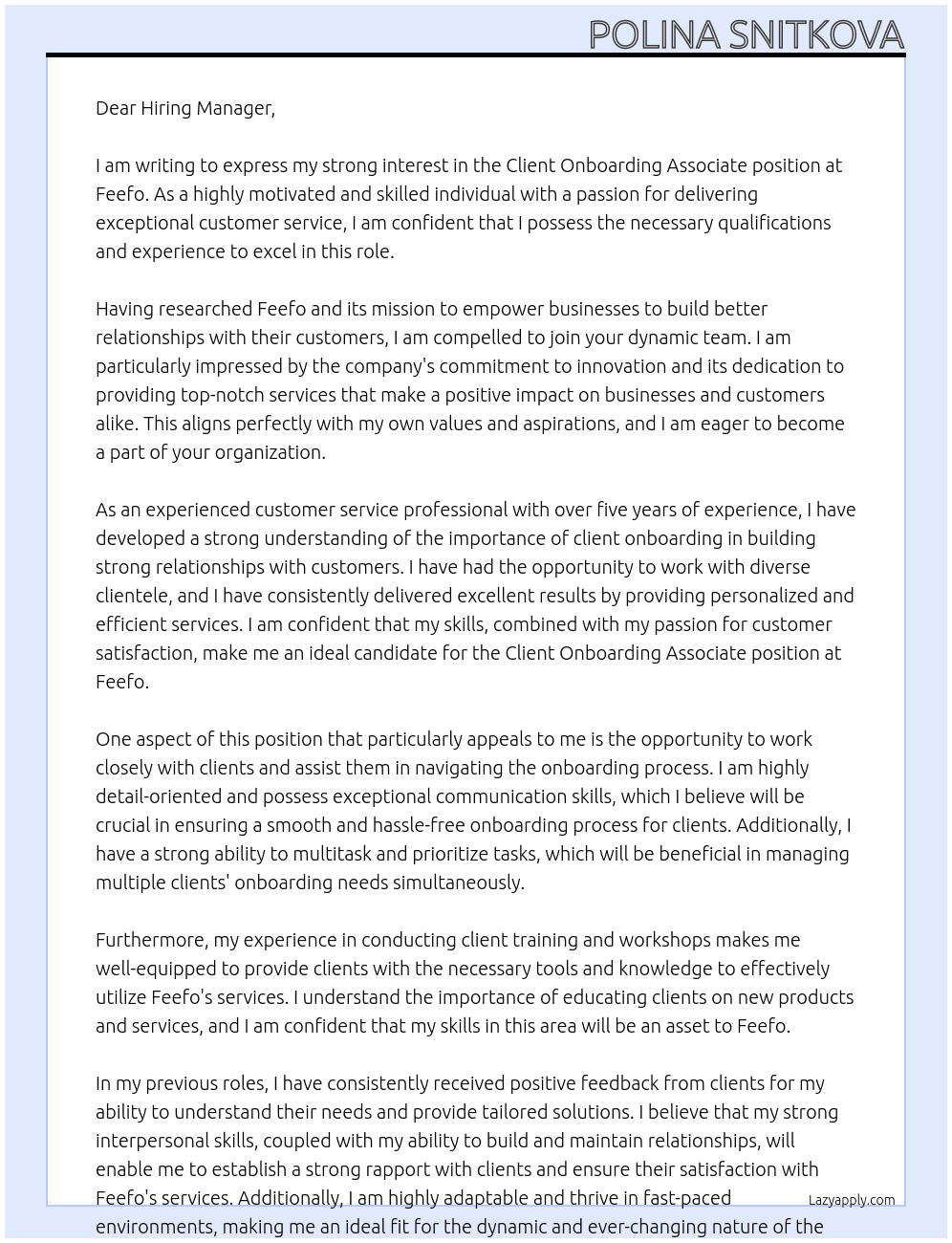 Client Onboarding Associate At Feefo Cover Letter