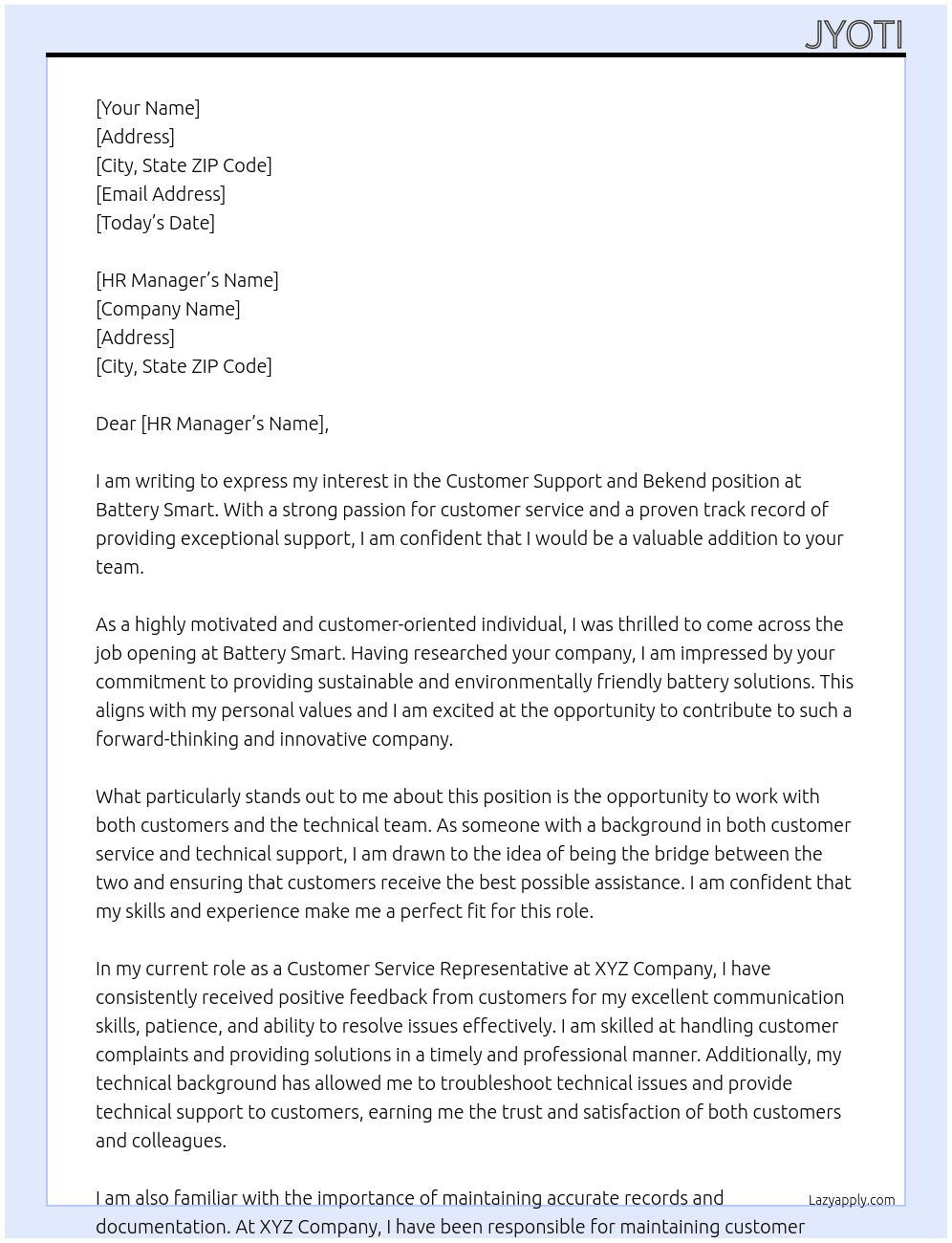 Customer support and bekend At Battery smart Cover Letter