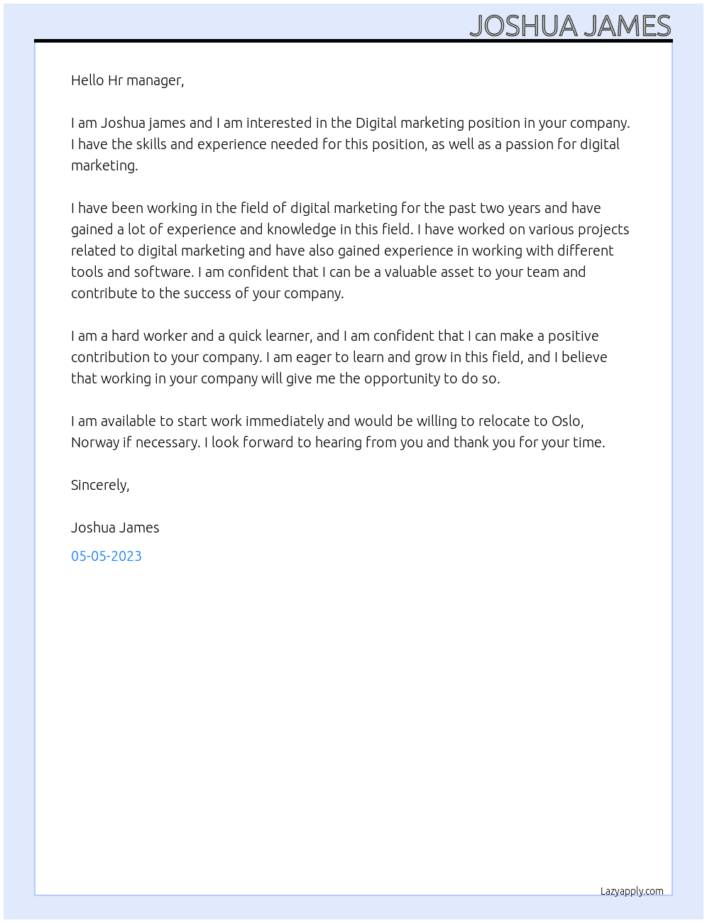 Digital marketing  At Digital marketing  Cover Letter
