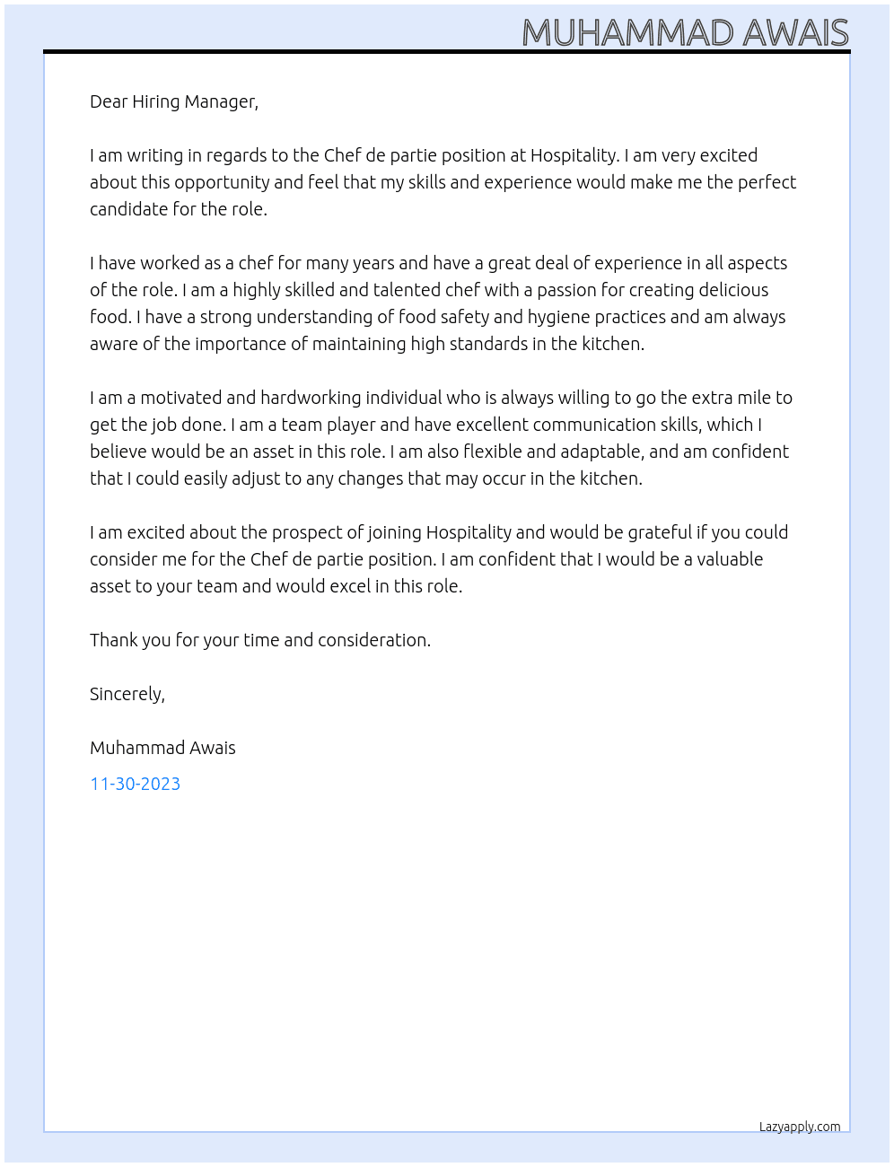 Chef de partie At Hospitality Cover Letter
