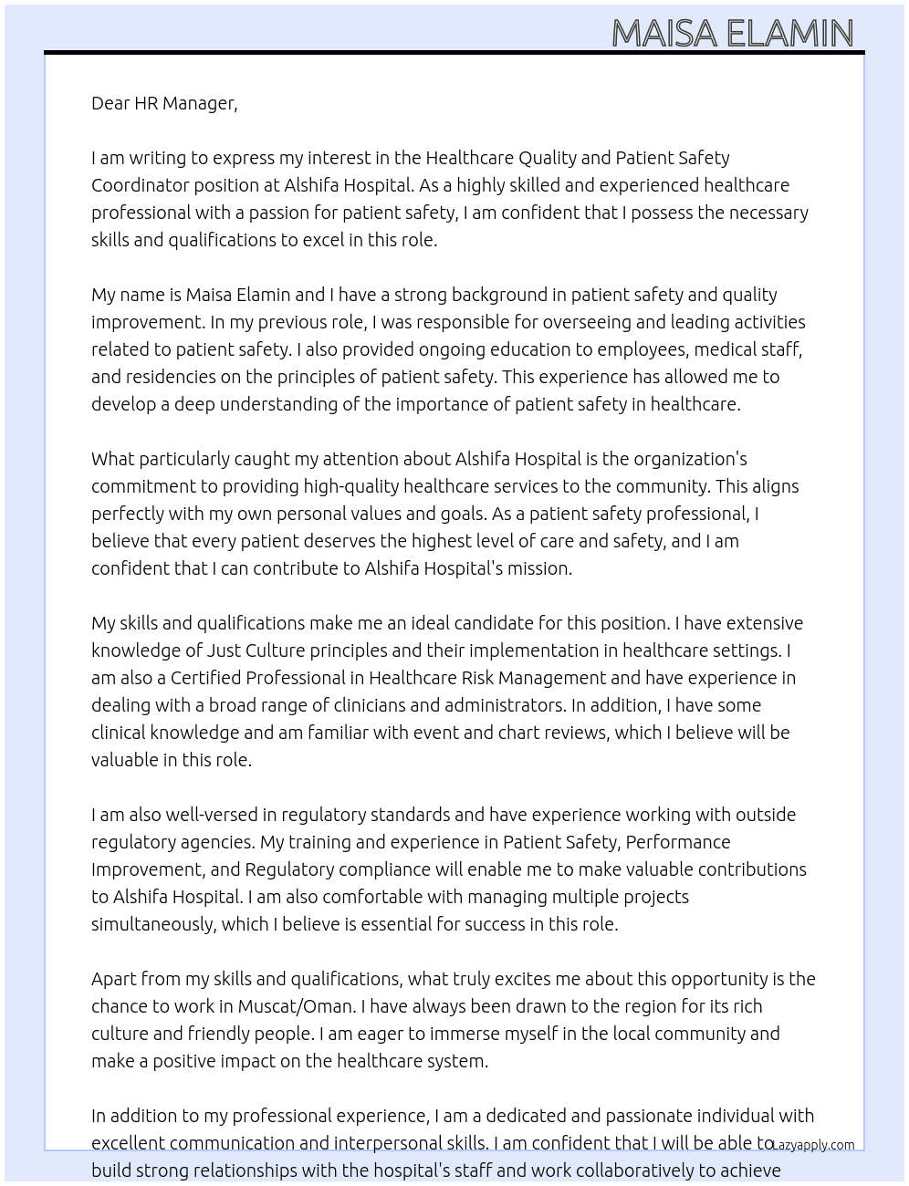Healthcare Quality and Patient Safety Coordinator  At Alshifa Hospital  Cover Letter