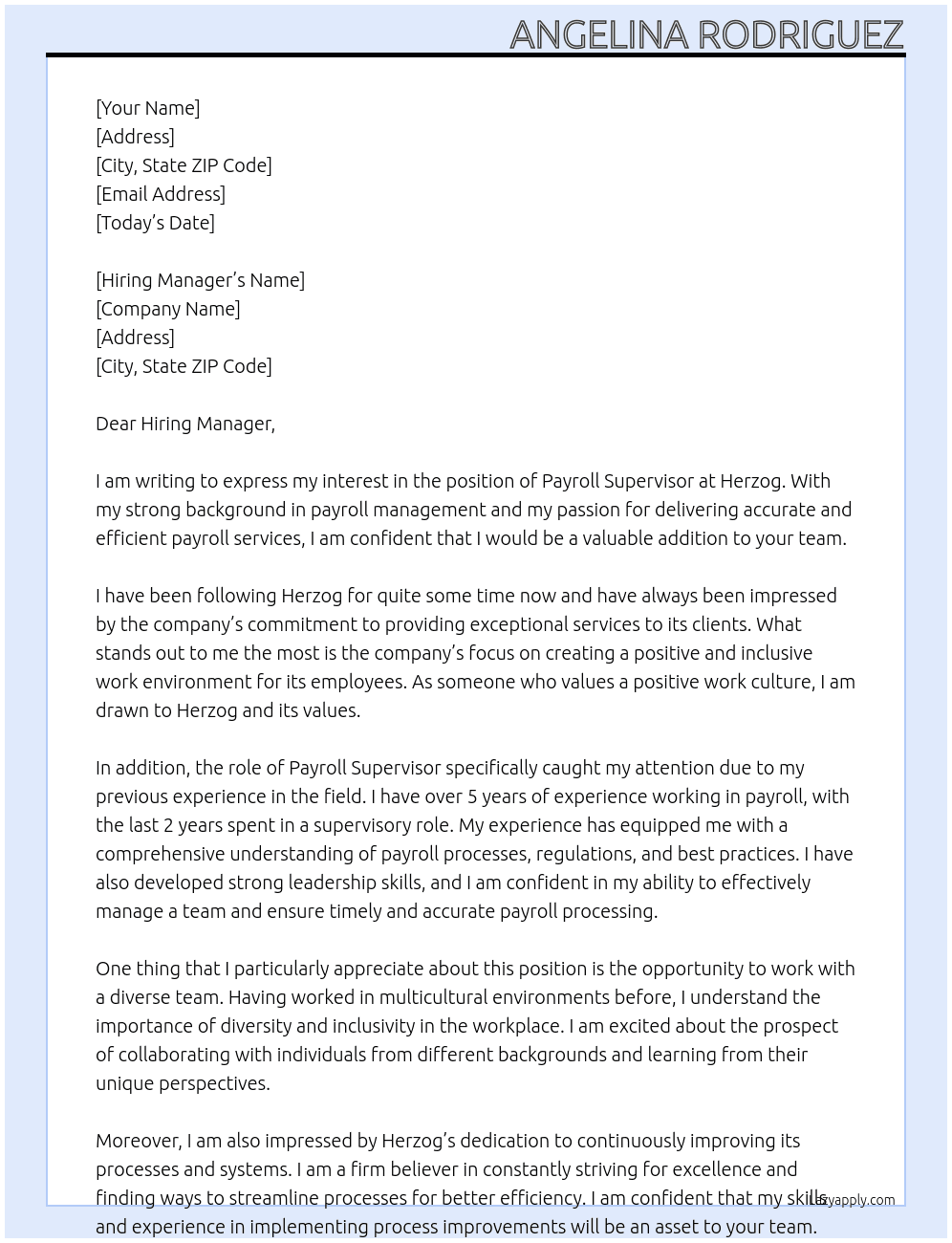 Payroll Supercisor At Herzog Cover Letter