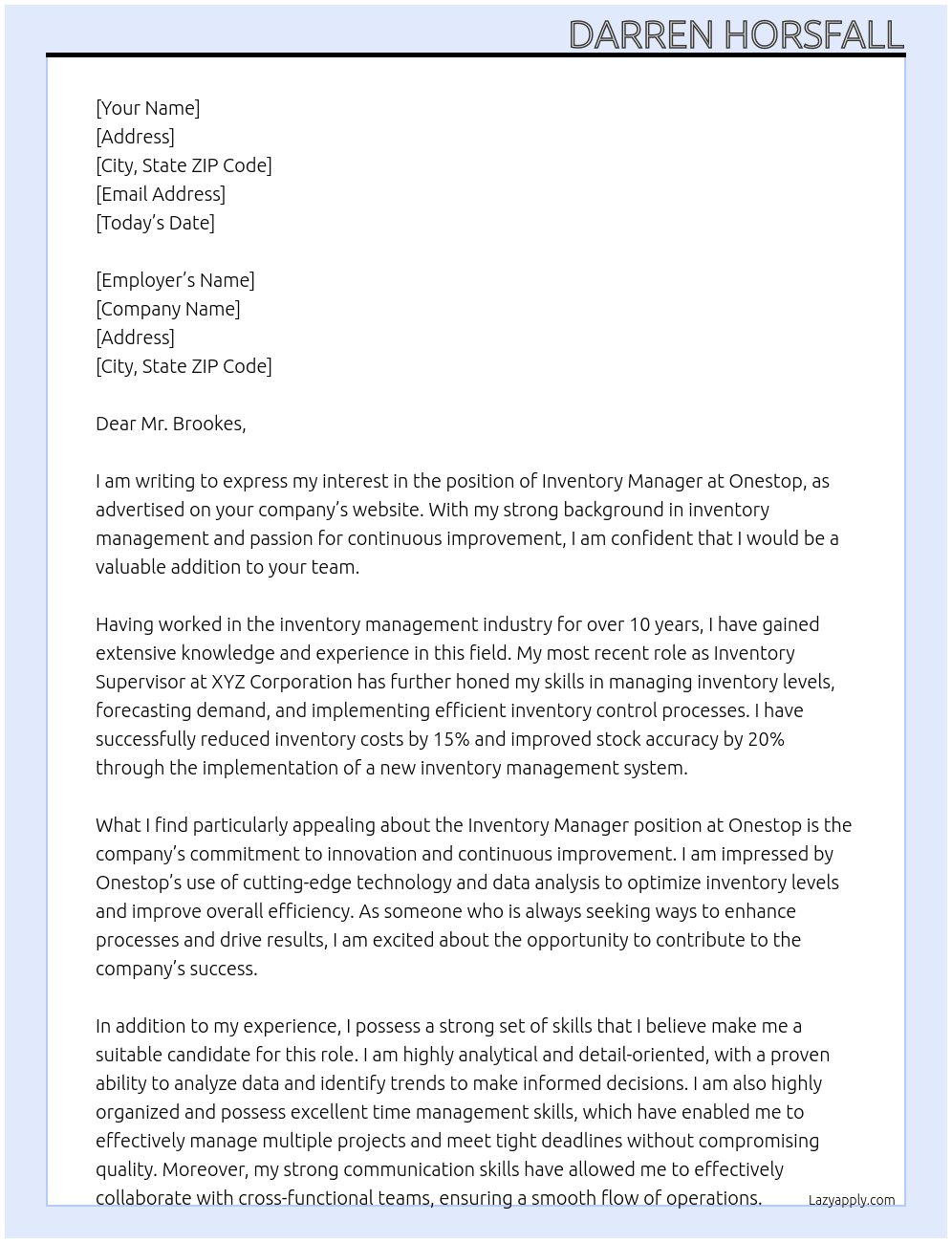 inventory manager At Onestop Cover Letter