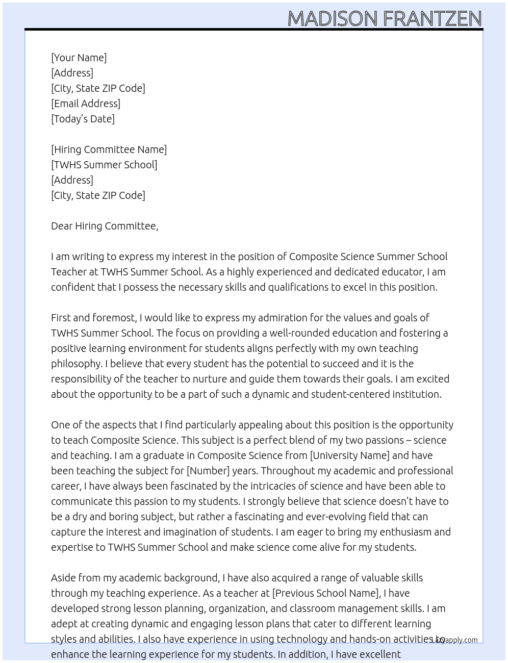Composite Science Summer School Teacher At TWHS Summer School Cover Letter