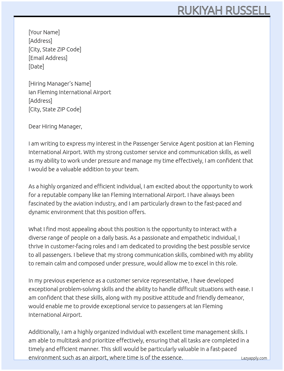 Passenger Service Agent At Ian Fleming International Airport Cover Letter