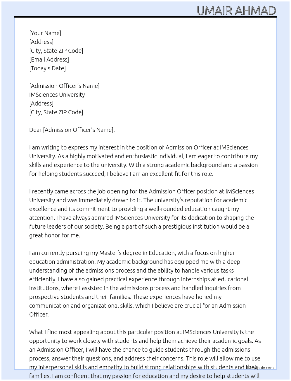 addmission details At imsciences university Cover Letter