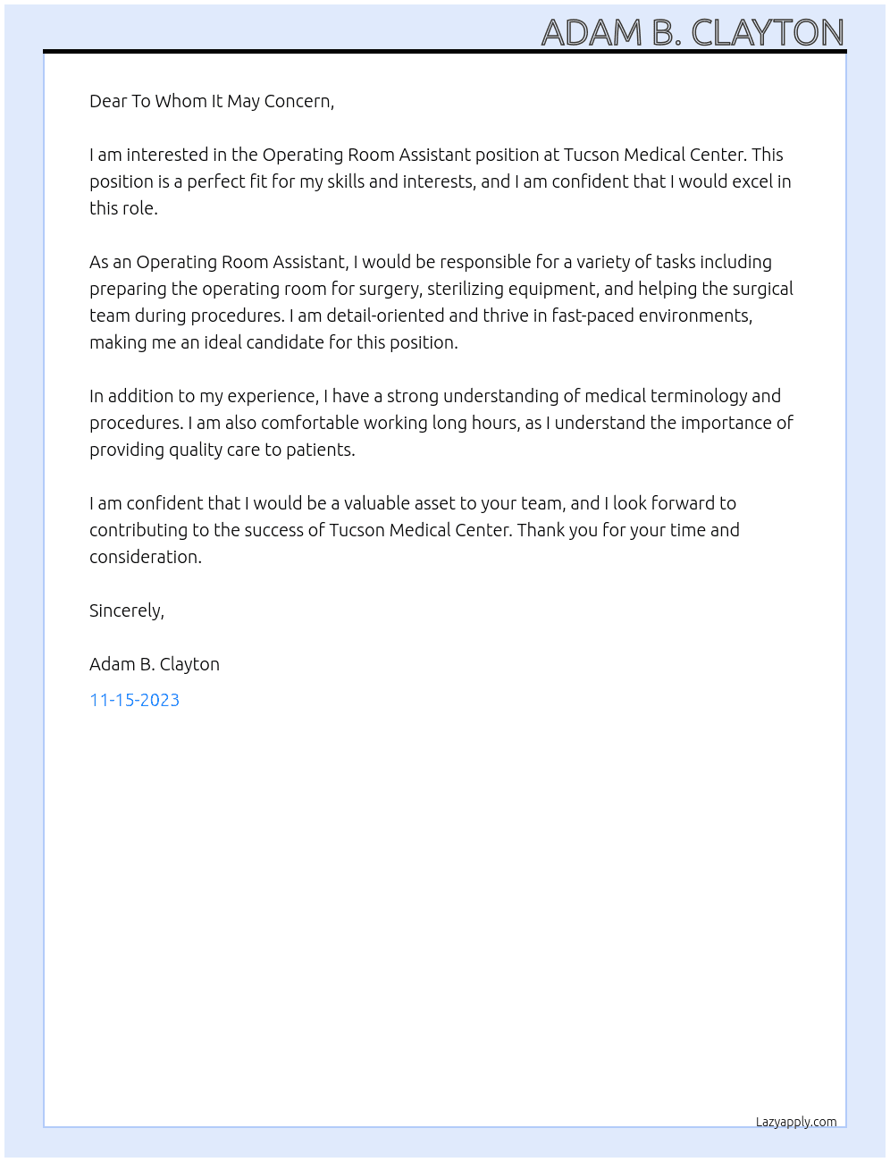 Operating Room Assistant At Tucson Medical Center Cover Letter
