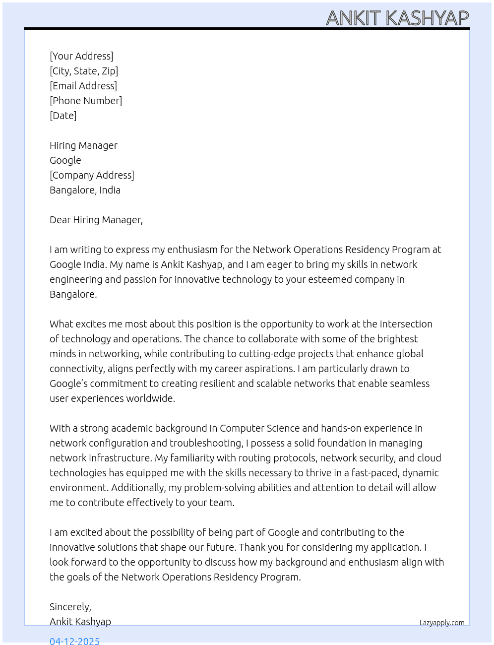 Cover letter for network operations residency program - LazyApply
