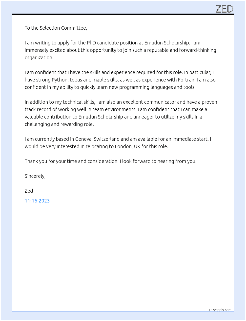 PhD candidate  At Emudun scholarship  Cover Letter