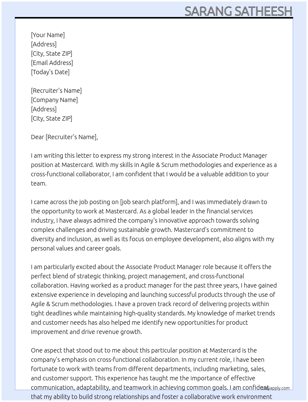 Associate product manager At Mastercard Cover Letter