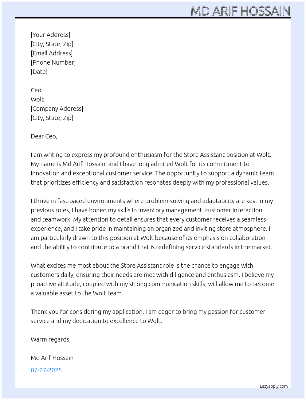 Store Assistant  At Wolt Cover Letter