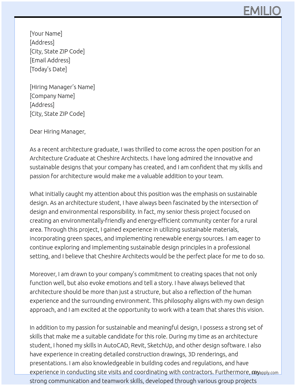 Architecture Graduate At Cheshire Architects Cover Letter