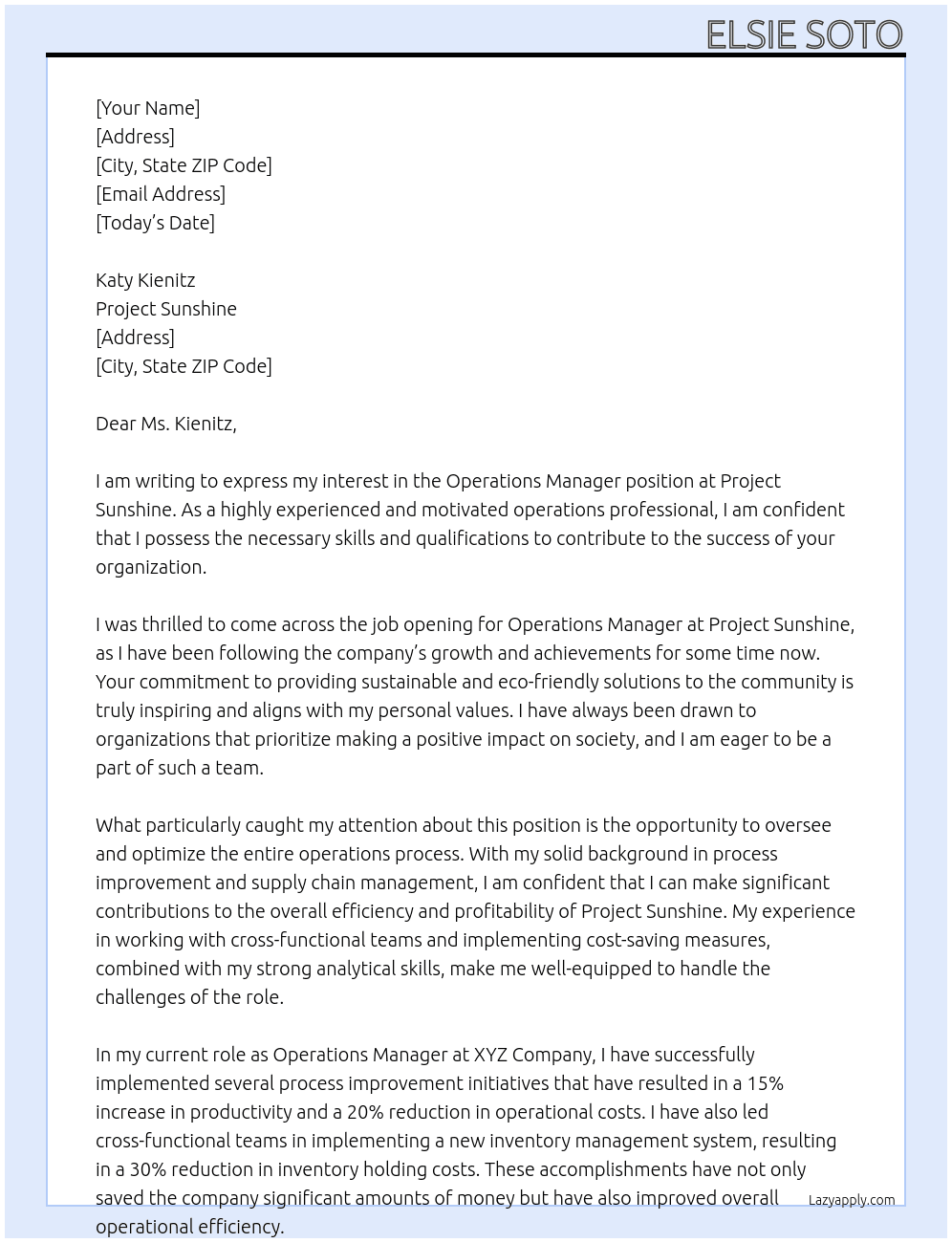 Operations Manager At Project Sunshine Cover Letter
