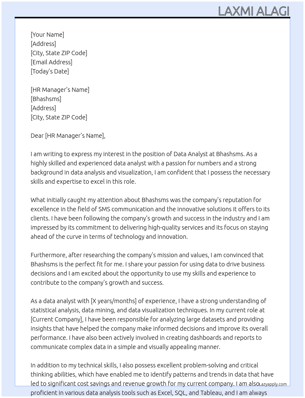 Data Analyst At Bhashsms Cover Letter