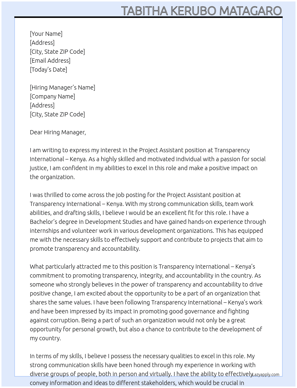 Project assistant At Transparency international- Kenya Cover Letter