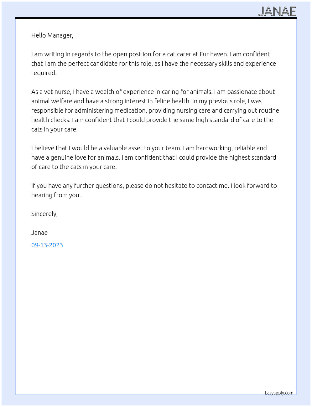 Cat carer At Fur haven Cover Letter