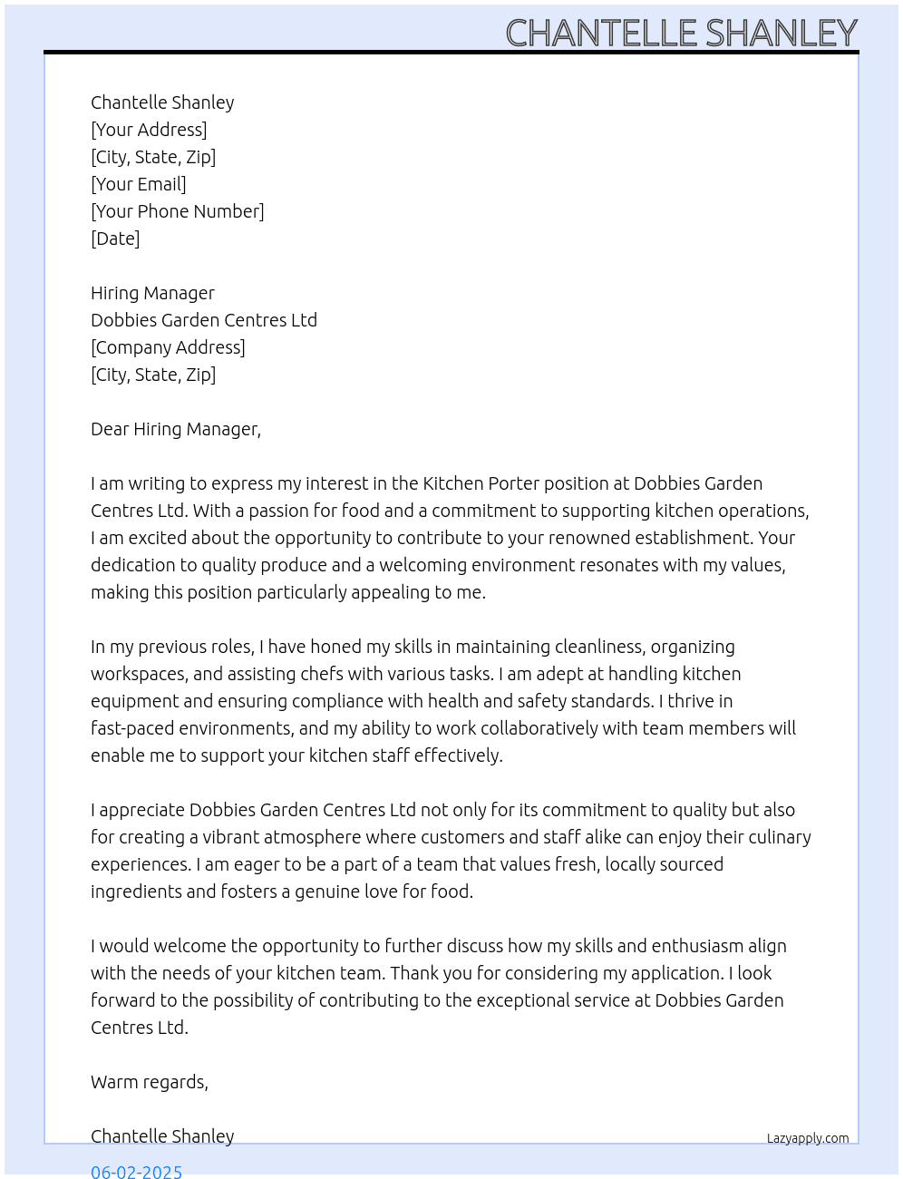 Kitchen Porter At Dobbies Garden Centres Ltd Cover Letter