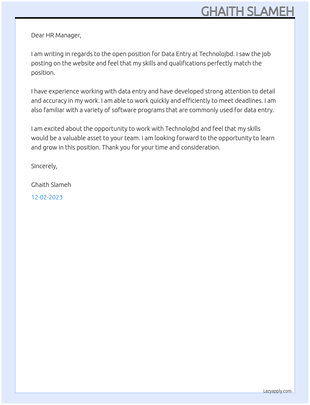 Data entry At Technolojbd Cover Letter