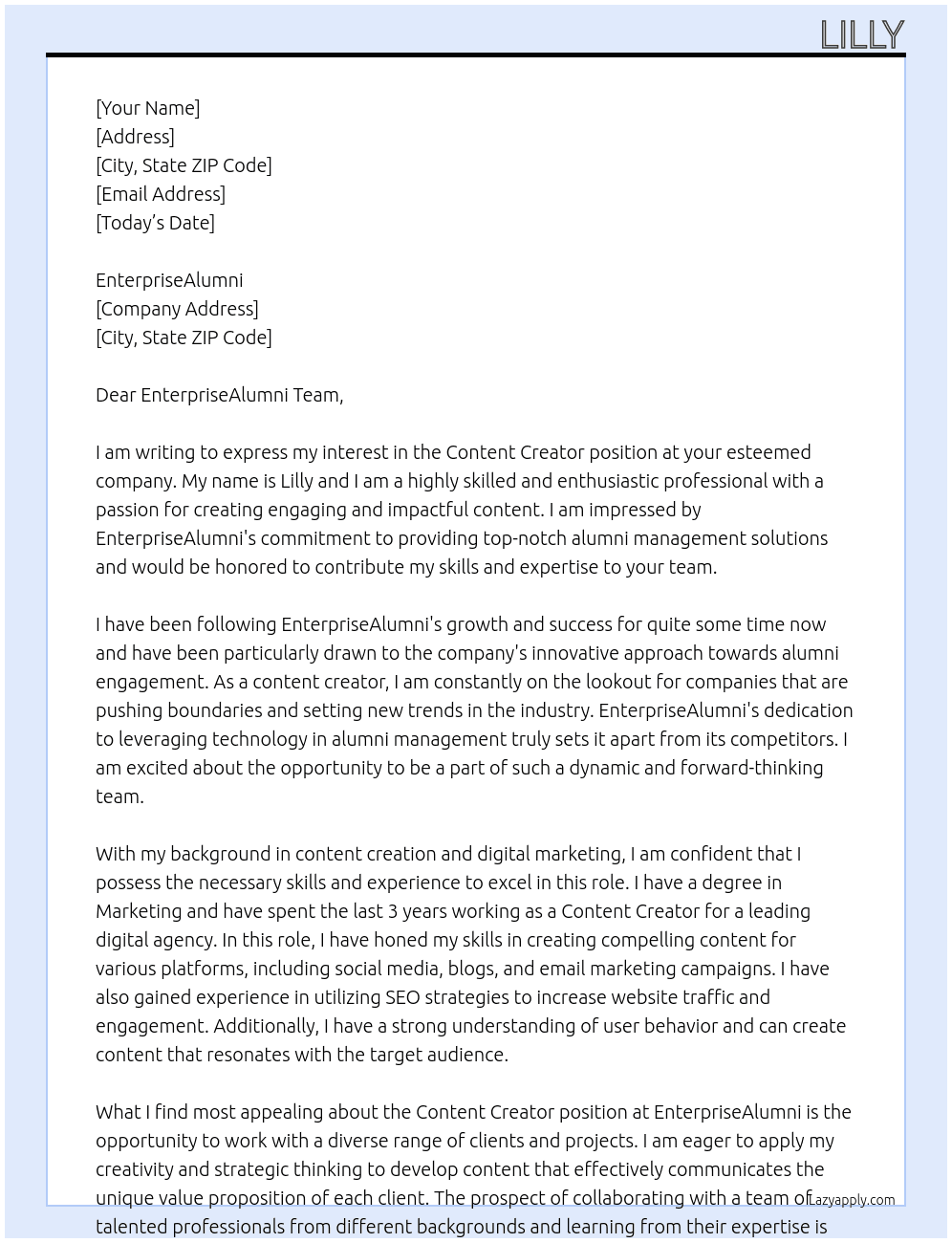 Content Creator  At EnterpriseAlumni  Cover Letter