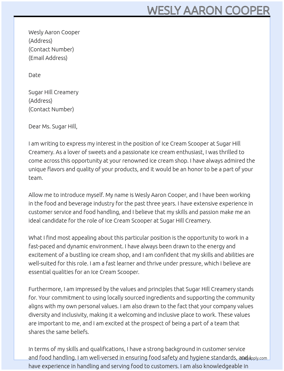 Ice Cream Scooper At Sugar Hill Creamery Cover Letter
