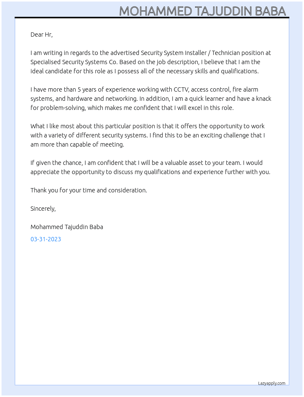 Security System Installer / Technician At Specialised Security Systems Co Cover Letter