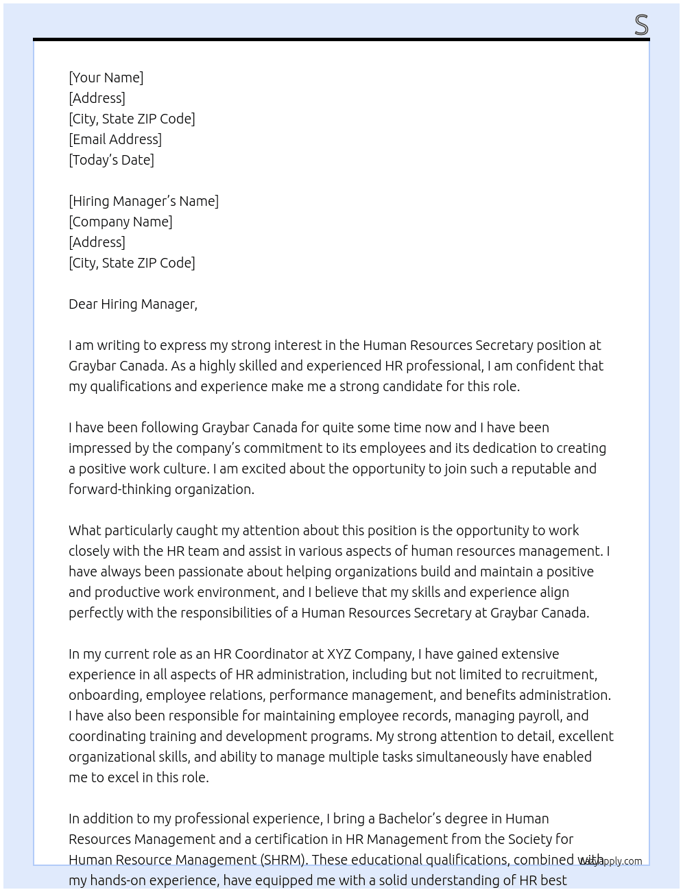 Human Resources Secretary At Graybar Canda Cover Letter