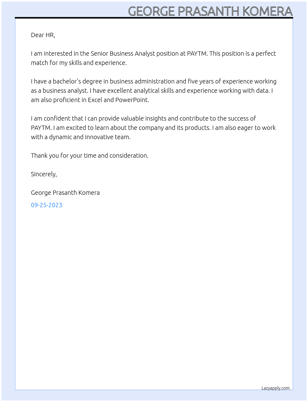 Senior Business Analyst  At PAYTM Cover Letter