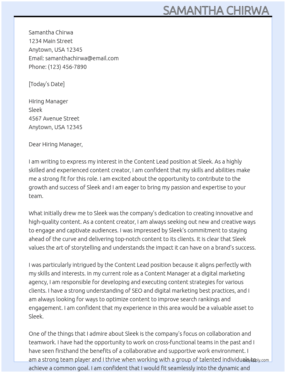 Content lead At Sleek Cover Letter