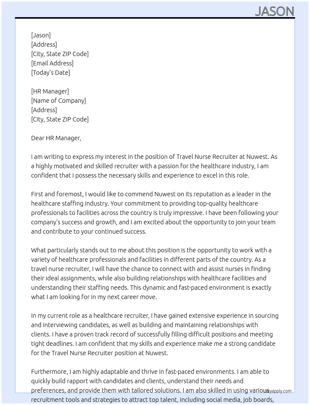 Travel Nurse Recruiter At Nuwest Cover Letter