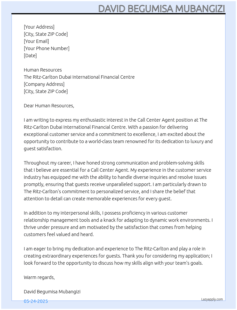  Call Center Agent At The Ritz-Carlton Dubai International Financial Centre Cover Letter
