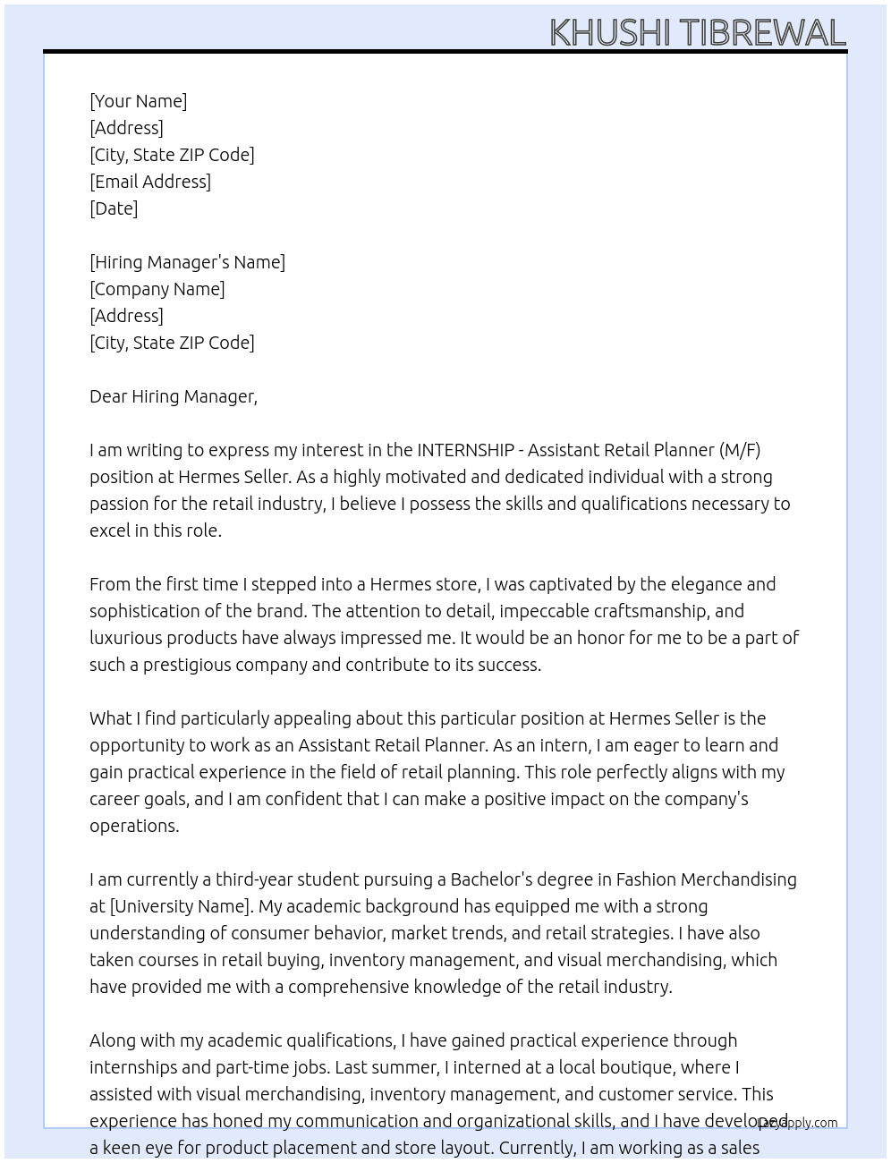 INTERNSHIP - Assistant Retail Planner (M/F) At Hermes Seller Cover Letter