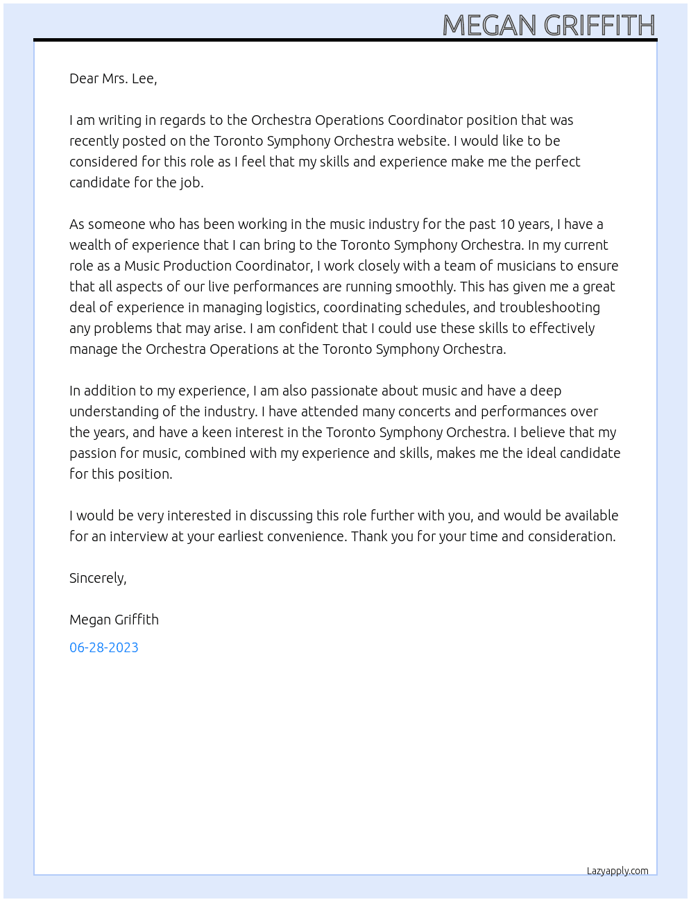 Orchestra Operations Coordinator At The Toronto Symphony Orchestra Cover Letter