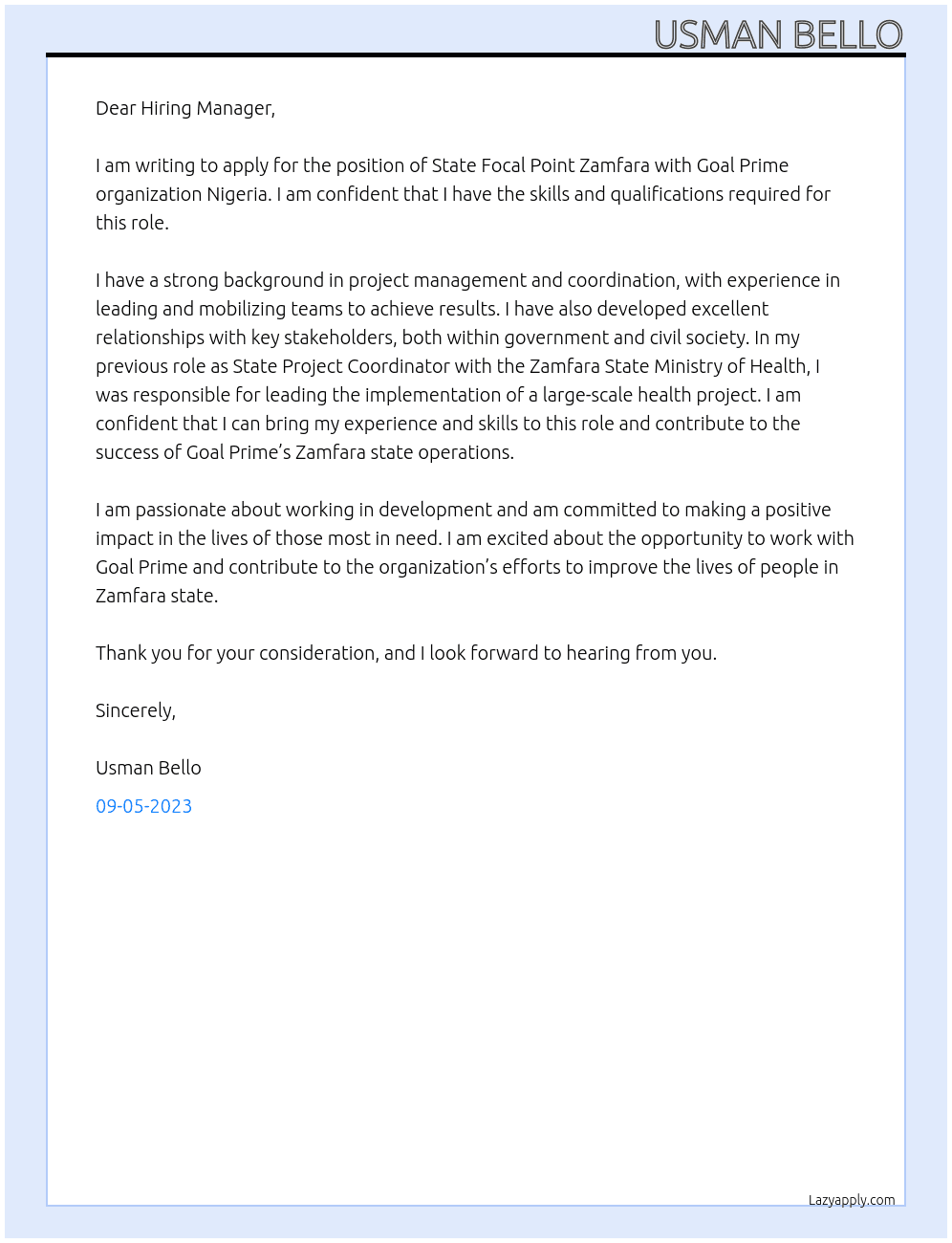 State focal point Zamfara  At Goal Prime organization Nigeria  Cover Letter