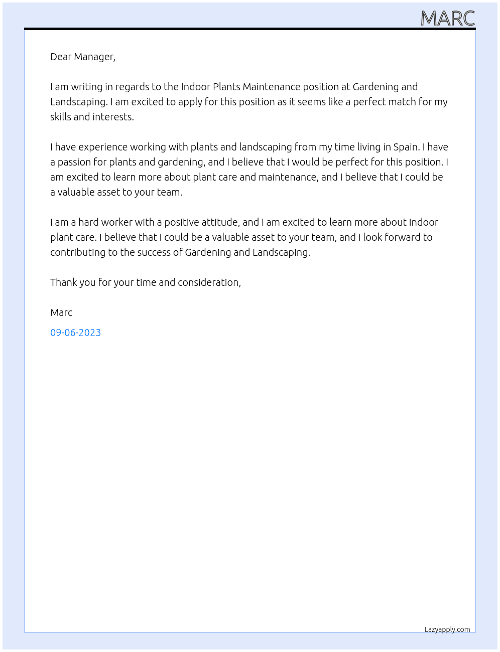 Indoor Plants Maintenance  At Gardening and Landscaping  Cover Letter