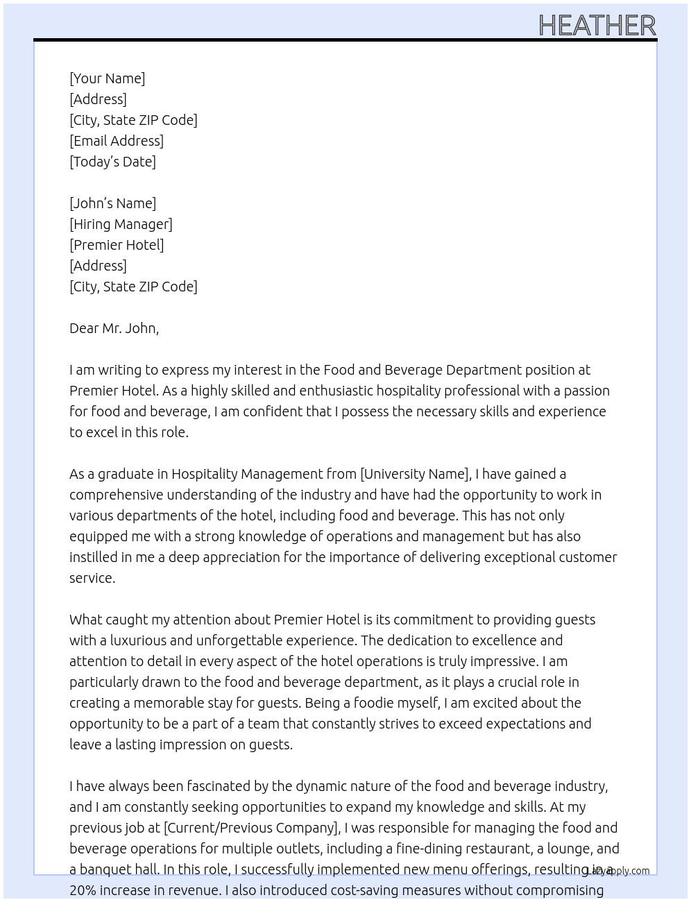 food and beverage department At Premier hotel Cover Letter