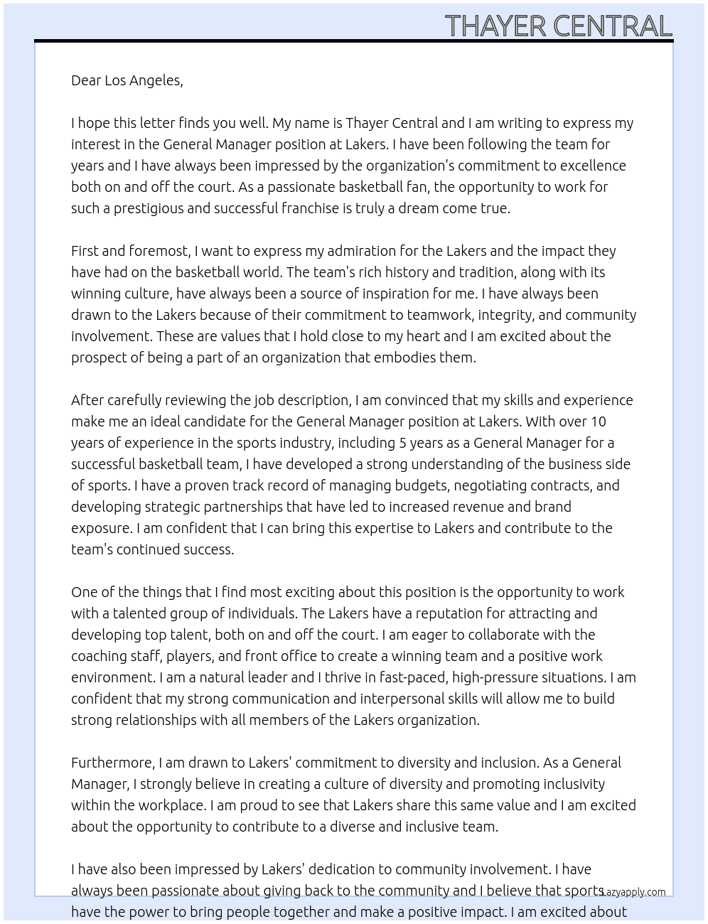 General Manager At Lakers Cover Letter