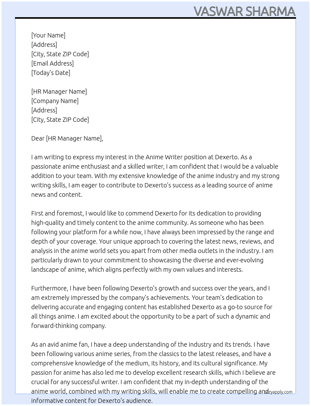Anime Writer At Dexerto Cover Letter