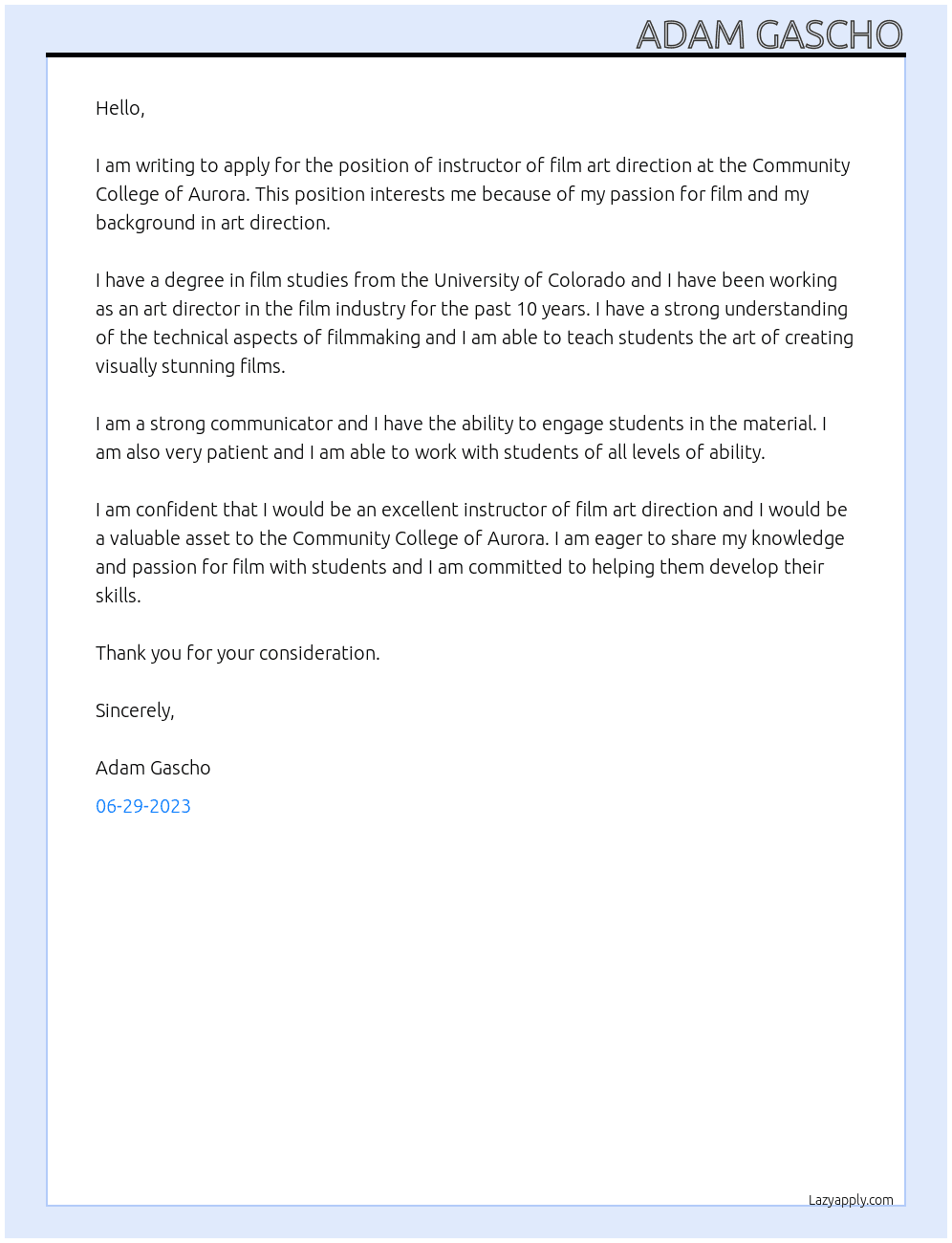 instructor of film art direction At Coumminty College of Aurora Cover Letter