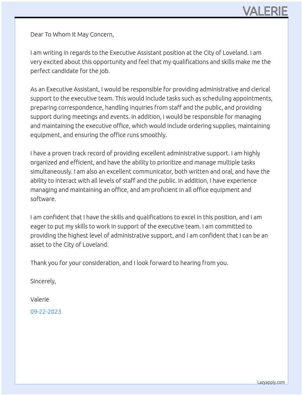 Executive Assistant At City of Loveland Cover Letter