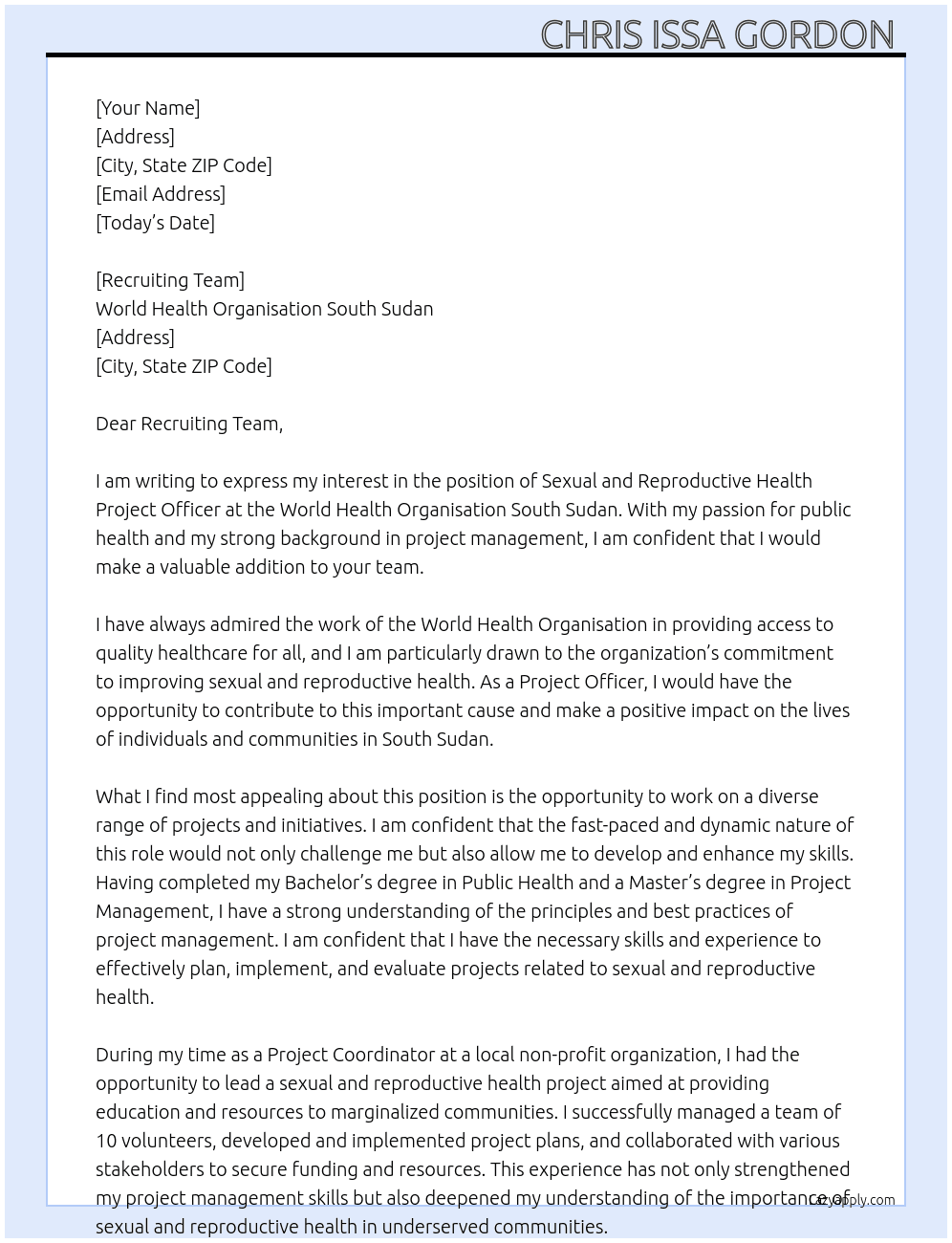 Sexual and Reproductive Health Projext Officer  At World Health Organisation South Sudan Cover Letter