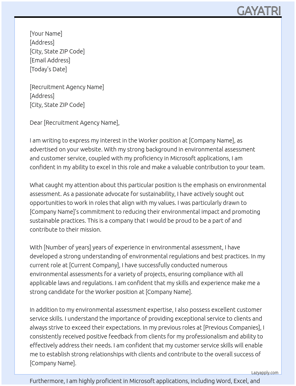 WOrker At the recruitment group Cover Letter