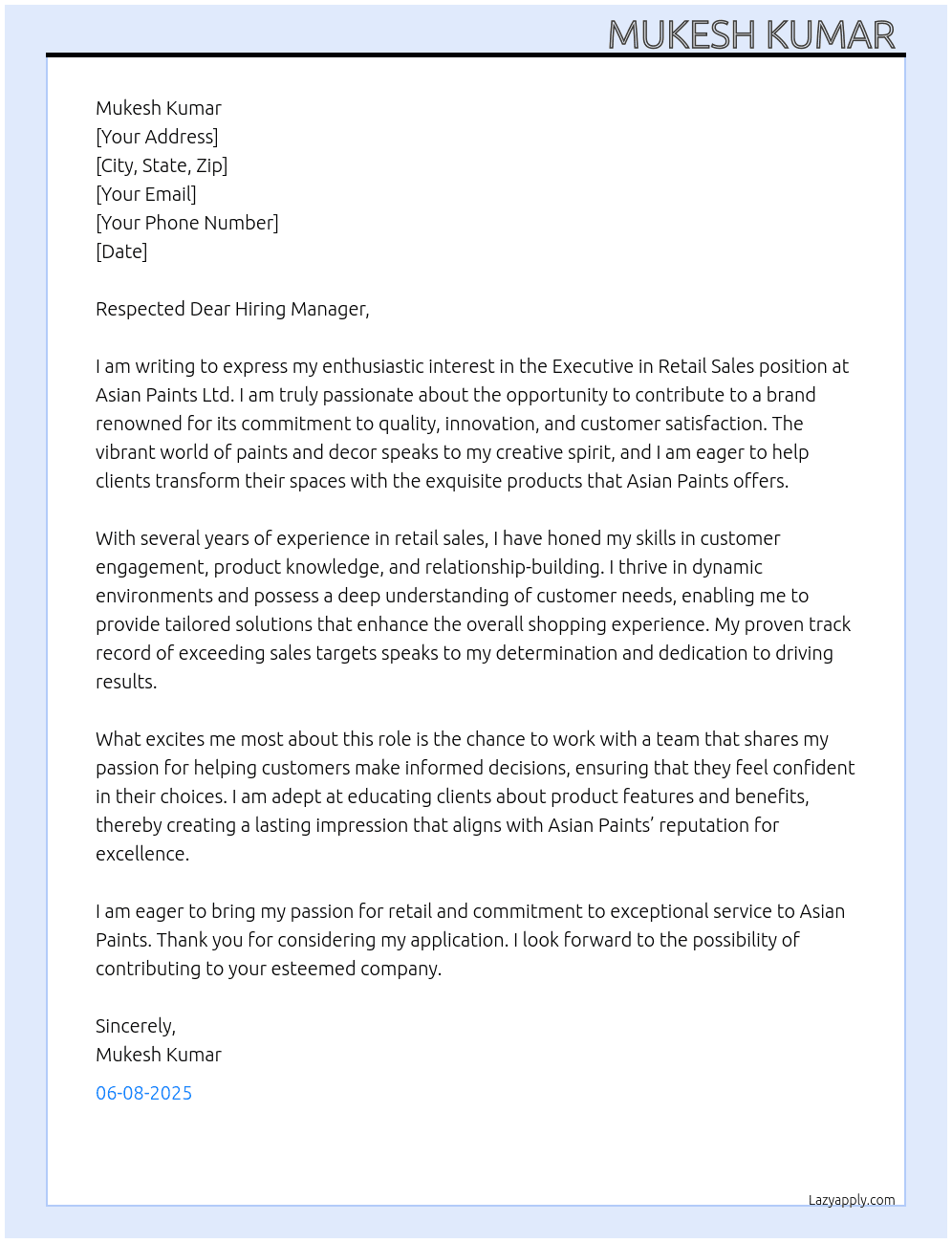Executive n retail sales  At Asian paint Ltd. Cover Letter
