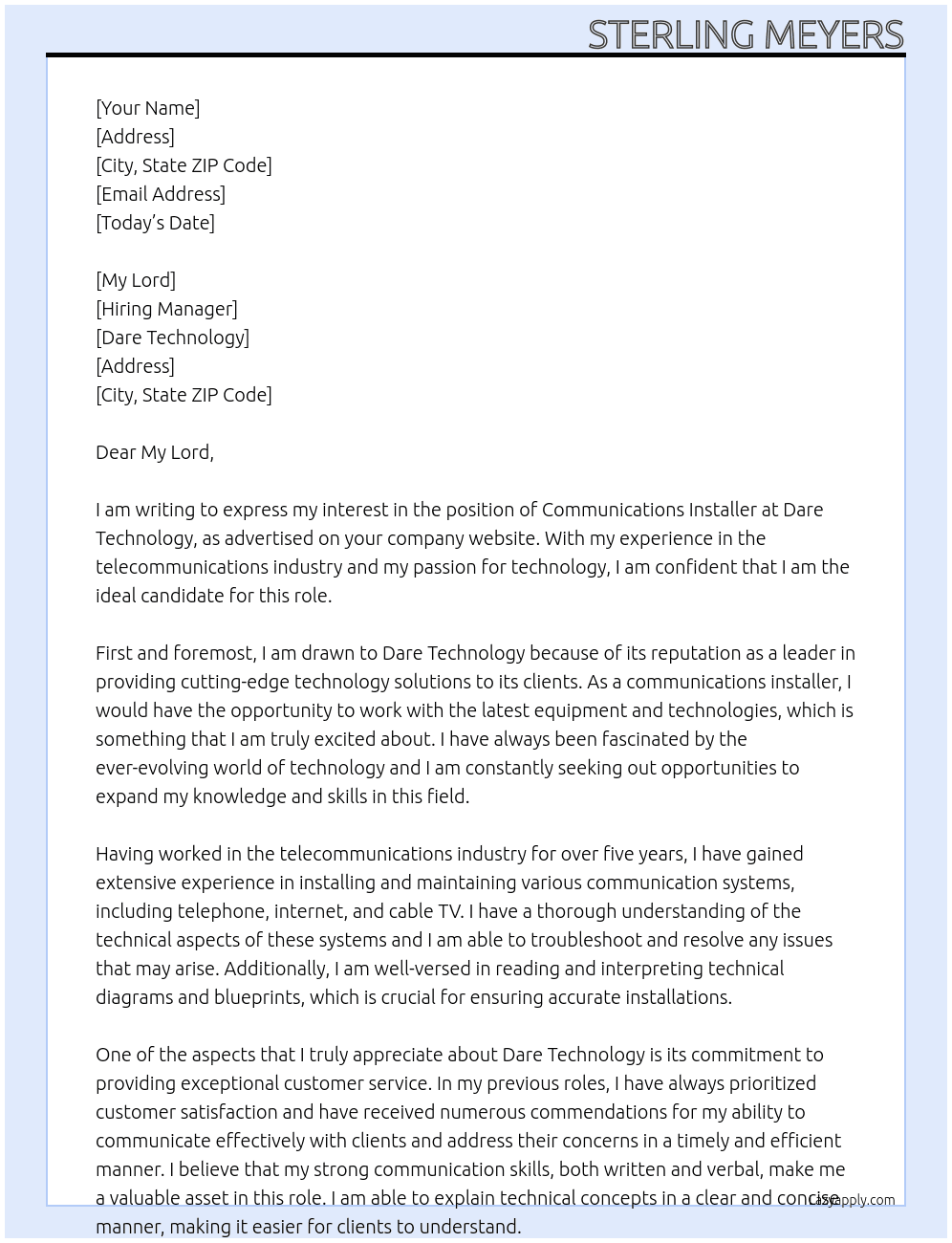 Communications Installer At Dare Technology Cover Letter