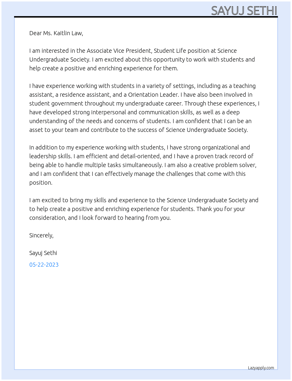 Associate Vice President, Student Life At Science Undergraduate Society Cover Letter