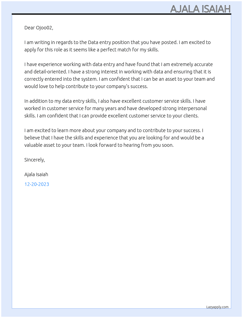 Data entry  At Ojoo02 Cover Letter