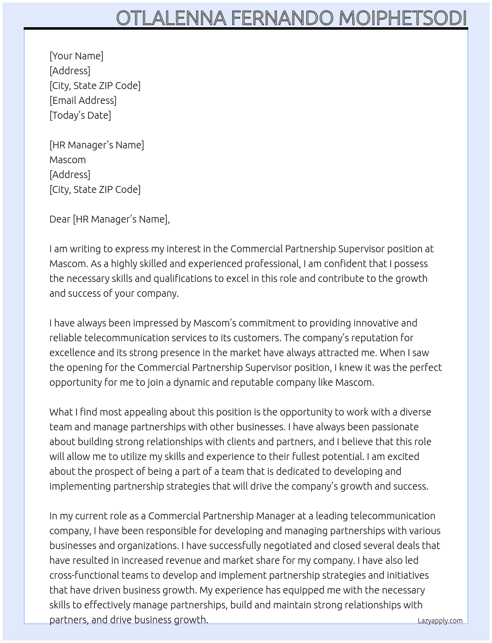 Commercial Partnership Supervisor At Mascom Cover Letter