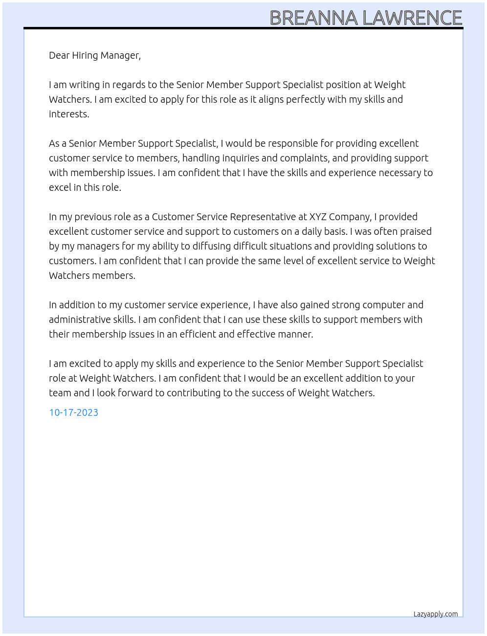 Senior Member Support Specialist At Weight Watchers Cover Letter