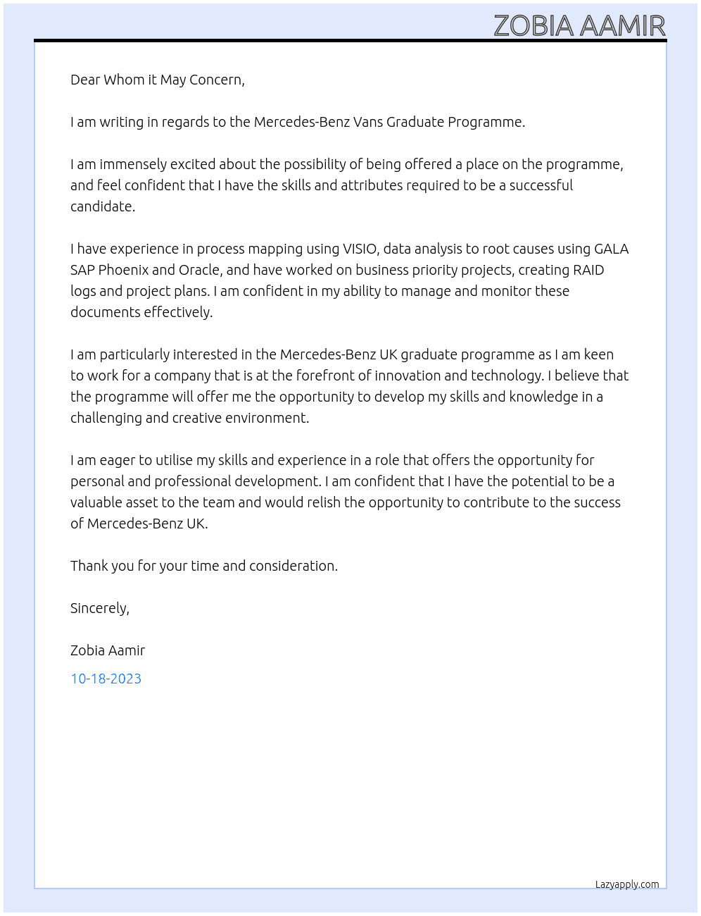 Mercedes-Benz Vans Graduate Programme At Mercedes-Benz UK Cover Letter