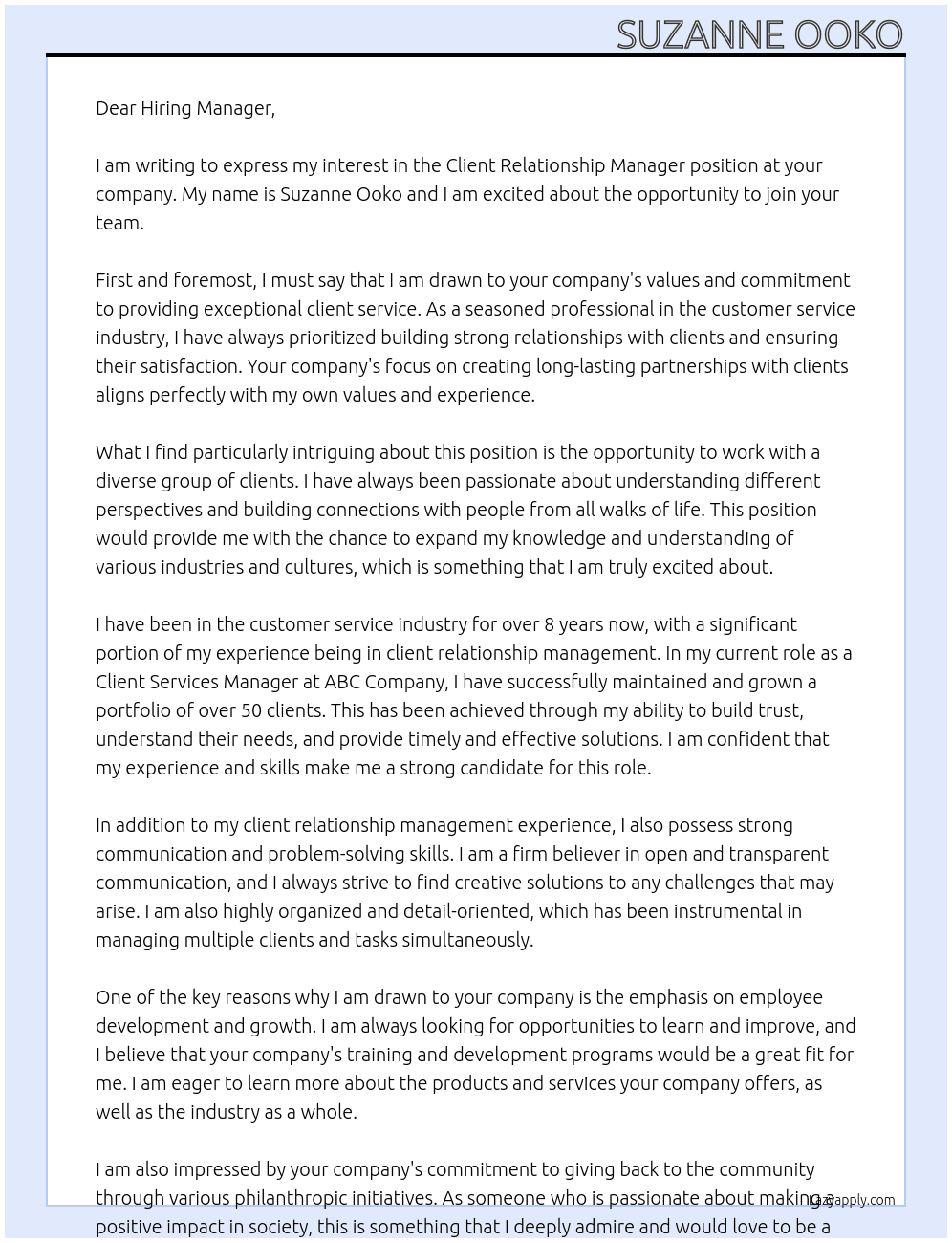 Client Relationship Manager At no name Cover Letter