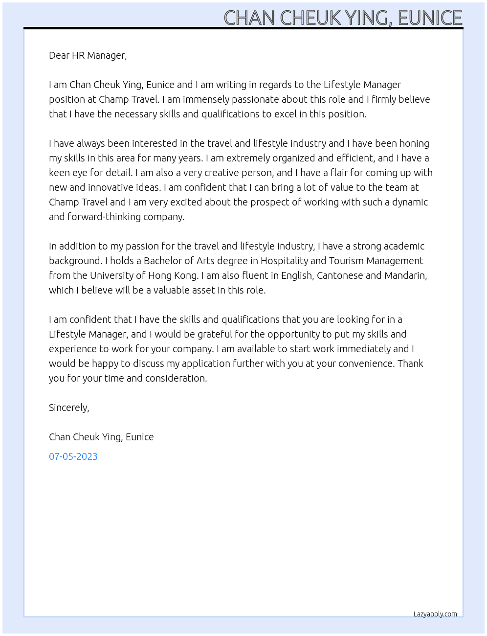 Lifestyle Manager At Champ Travel Cover Letter